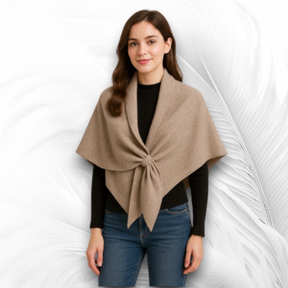 Soft Wool Blend Knit Shawl Wrap Scarf – Beige Neutral Poncho with Front Knot